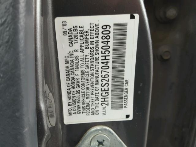 2HGES26704H504809 - 2004 HONDA CIVIC EX GRAY photo 10