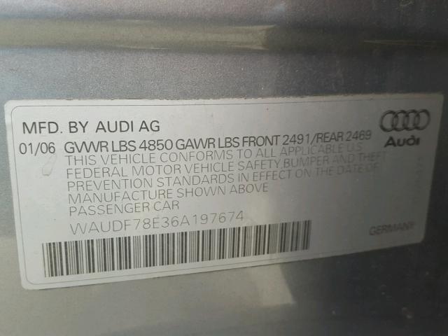 WAUDF78E36A197674 - 2006 AUDI A4 2.0T QU GRAY photo 10