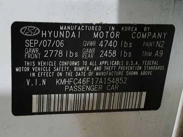 KMHFC46F17A154852 - 2007 HYUNDAI AZERA SE WHITE photo 10