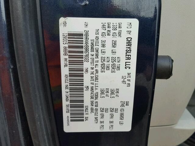 2A8HR44H98R678322 - 2008 CHRYSLER TOWN & COU BLUE photo 10