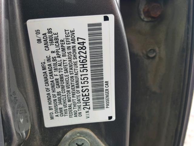 2HGES15515H622847 - 2005 HONDA CIVIC LX GRAY photo 10