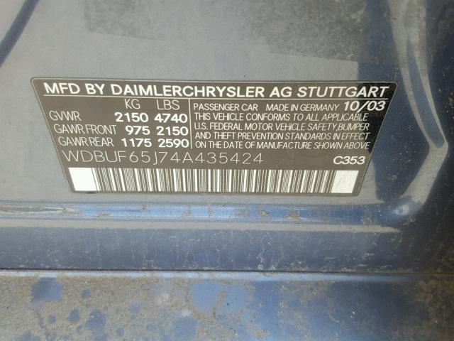 WDBUF65J74A435424 - 2004 MERCEDES-BENZ E 320 BLUE photo 10