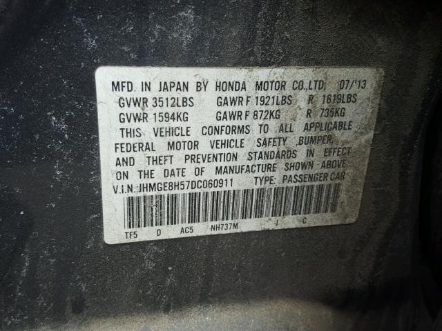JHMGE8H57DC060911 - 2013 HONDA FIT SPORT GRAY photo 10
