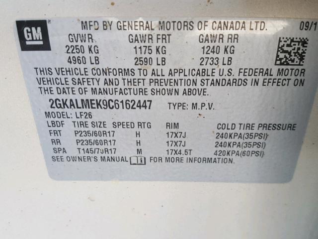 2GKALMEK9C6162447 - 2012 GMC TERRAIN SL GOLD photo 10