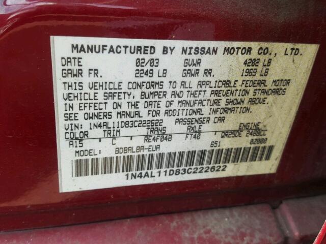 1N4AL11D83C222622 - 2003 NISSAN ALTIMA BAS RED photo 10