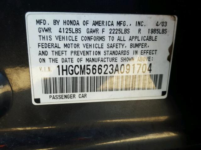 1HGCM56623A091704 - 2003 HONDA ACCORD EX GRAY photo 10