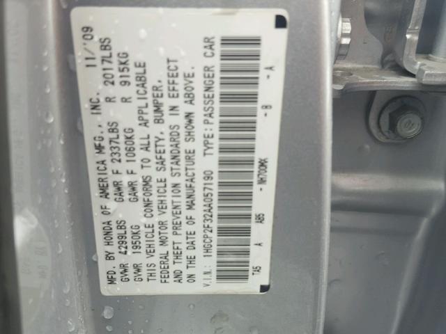 1HGCP2F32AA057190 - 2010 HONDA ACCORD LX SILVER photo 10