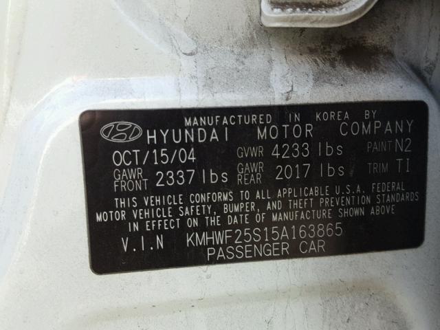 KMHWF25S15A163865 - 2005 HYUNDAI SONATA GL WHITE photo 10