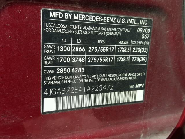 4JGAB72E41A223472 - 2001 MERCEDES-BENZ ML 430 红色 照片 10
