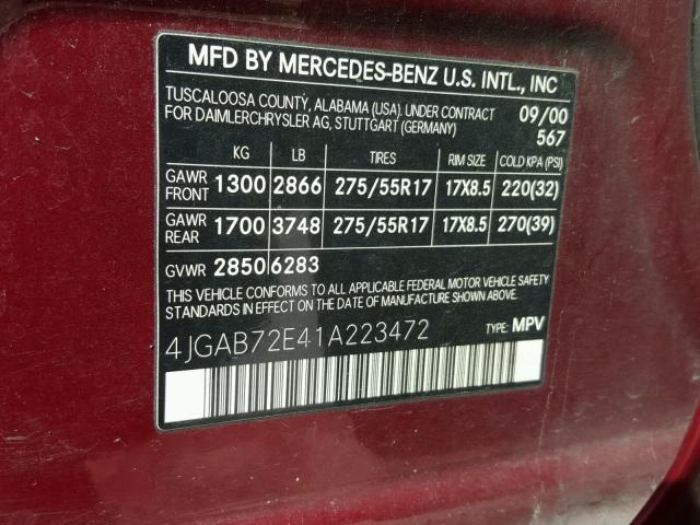 4JGAB72E41A223472 - 2001 MERCEDES-BENZ ML 430 RED photo 10