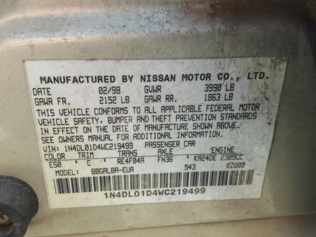 1N4DL01D4WC219499 - 1998 NISSAN ALTIMA XE GOLD photo 10