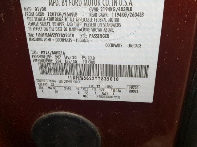 1LNHM86S2YY835010 - 2000 LINCOLN LS BURGUNDY photo 10