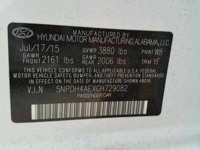 5NPDH4AEXGH729082 - 2016 HYUNDAI ELANTRA SE WHITE photo 10