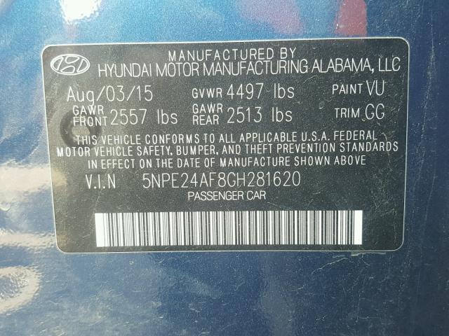 5NPE24AF8GH281620 - 2016 HYUNDAI SONATA SE BLUE photo 10