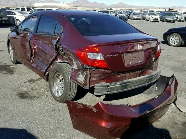 2HGFB2F58CH536506 - 2012 HONDA CIVIC LX MAROON photo 3