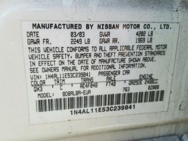 1N4AL11E53C239841 - 2003 NISSAN ALTIMA BAS WHITE photo 10