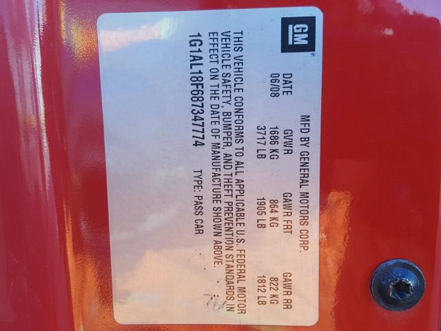 1G1AL18F687347774 - 2008 CHEVROLET COBALT LT RED photo 10