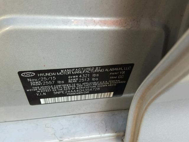 5NPE24AA4GH354728 - 2016 HYUNDAI SONATA ECO SILVER photo 10