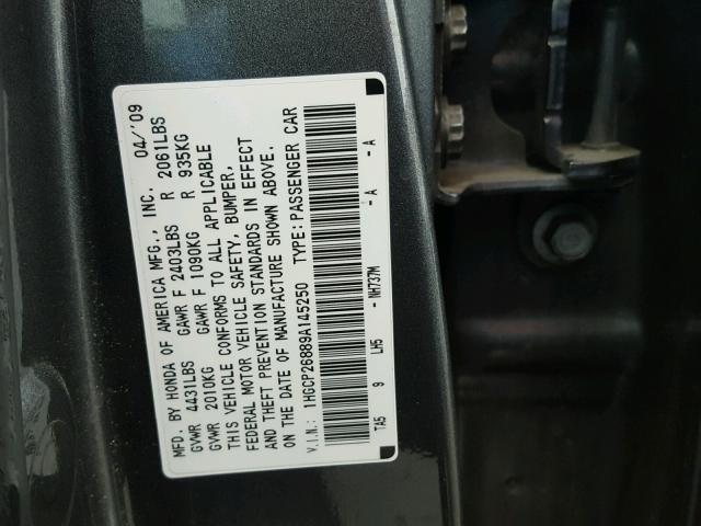 1HGCP26889A145250 - 2009 HONDA ACCORD EXL GRAY photo 10