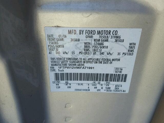 1FTPW12V96FA71991 - 2006 FORD F150 SUPER TAN photo 10