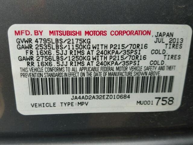 JA4AD2A32EZ010684 - 2014 MITSUBISHI OUTLANDER GRAY photo 10