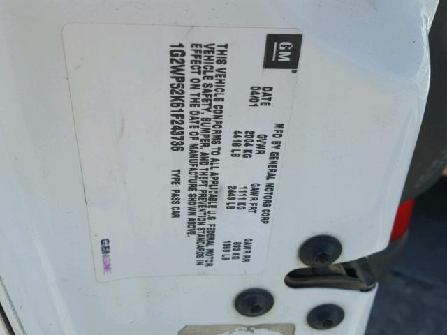 1G2WP52K61F243736 - 2001 PONTIAC GRAND PRIX WHITE photo 10