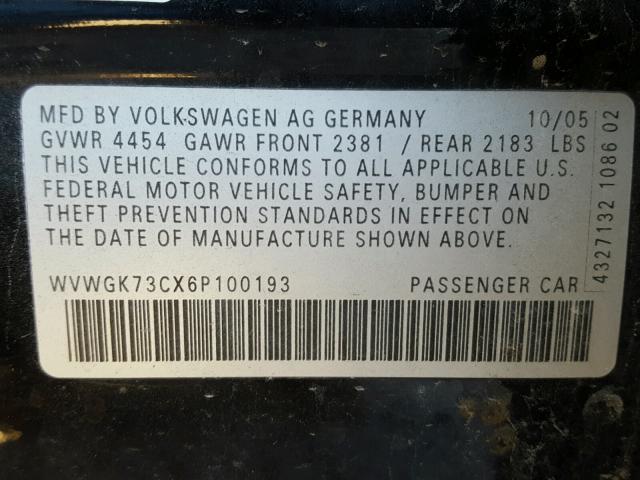 WVWGK73CX6P100193 - 2006 VOLKSWAGEN PASSAT 2.0 BLACK photo 10