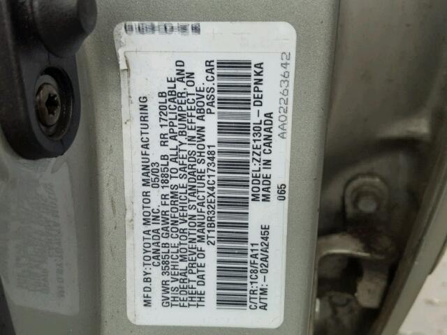 2T1BR32EX4C173481 - 2004 TOYOTA COROLLA CE SILVER photo 10