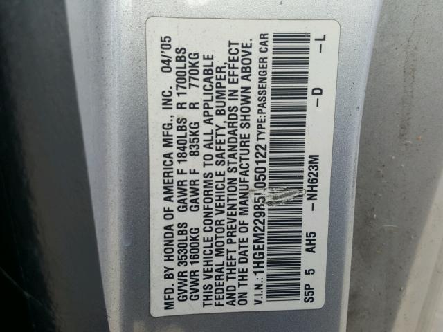 1HGEM22985L050122 - 2005 HONDA CIVIC EX SILVER photo 10