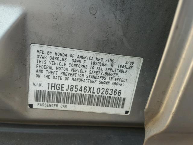 1HGEJ8546XL026366 - 1999 HONDA CIVIC EX ვერცხლისფერი ფოტო 10