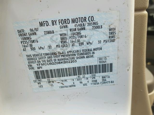 1FMCU92Z08KB02203 - 2008 FORD ESCAPE XLS WHITE photo 10