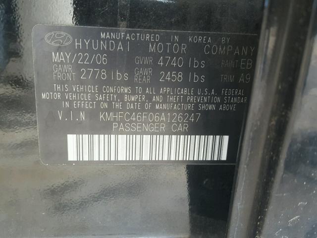 KMHFC46F06A126247 - 2006 HYUNDAI AZERA SE BLACK photo 10