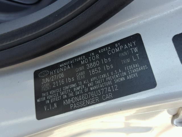 KMHDN46D76U377412 - 2006 HYUNDAI ELANTRA GL SILVER photo 10