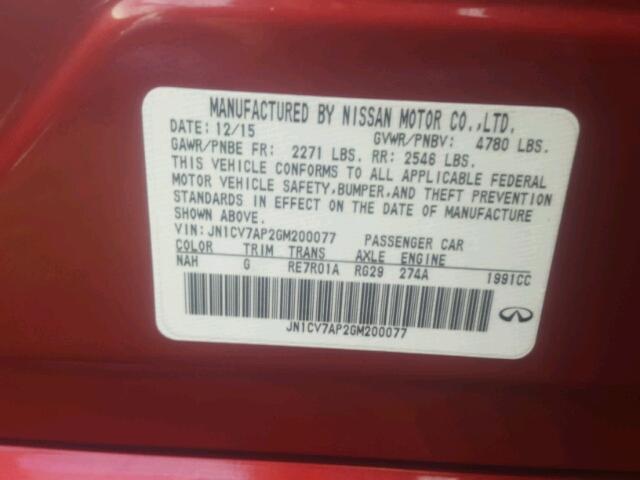 JN1CV7AP2GM200077 - 2016 INFINITI Q50 BASE RED photo 10