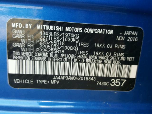 JA4AP3AW0HZ018343 - 2017 MITSUBISHI OUTLANDER BLUE photo 10