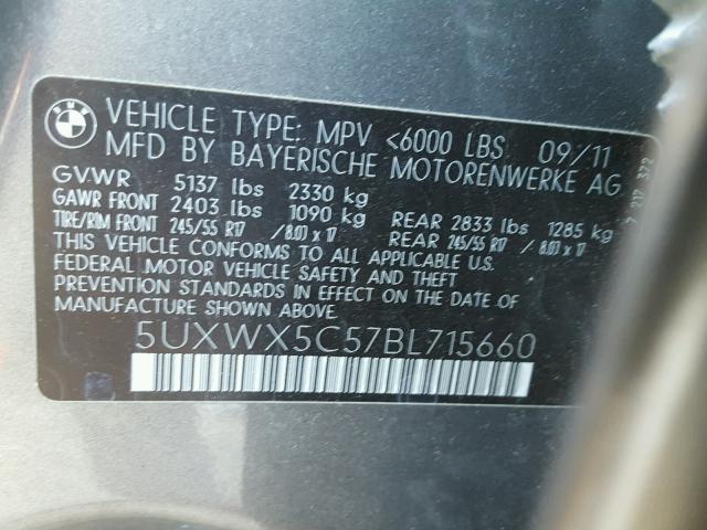 5UXWX5C57BL715660 - 2011 BMW X3 XDRIVE2 Серый фото 10