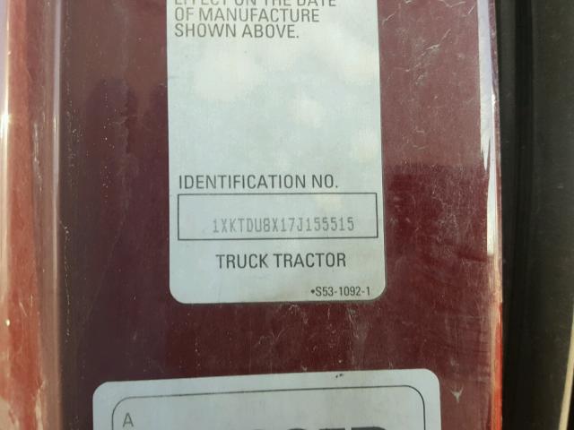 1XKTDU8X17J155515 - 2007 KENWORTH CONSTRUCTI BURGUNDY photo 10