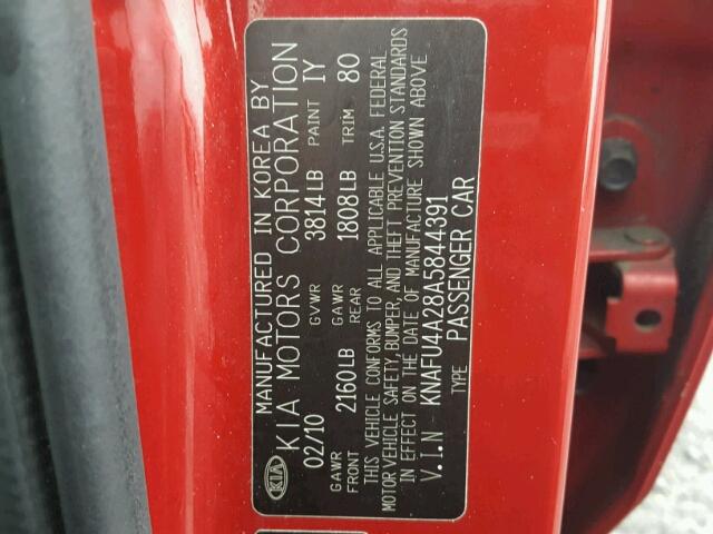 KNAFU4A28A5844391 - 2010 KIA FORTE EX RED photo 10