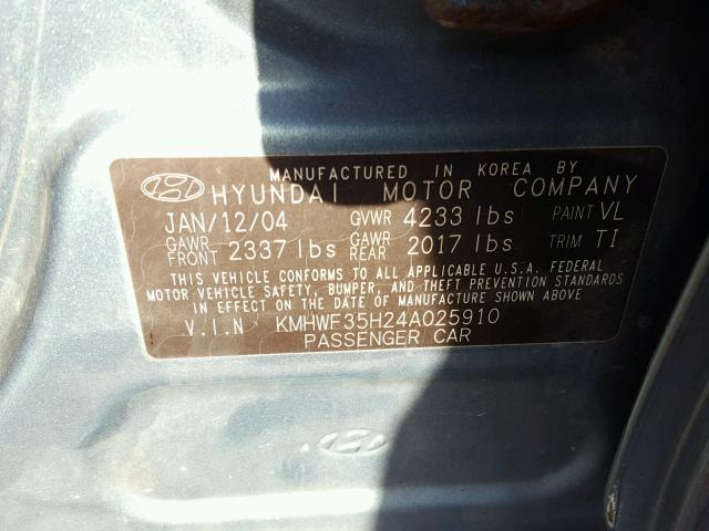 KMHWF35H24A025910 - 2004 HYUNDAI SONATA GLS TEAL photo 10