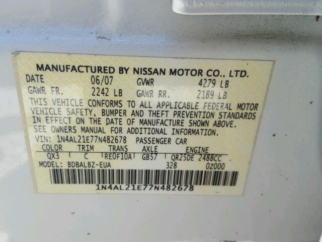 1N4AL21E77N482678 - 2007 NISSAN ALTIMA 2.5 WHITE photo 10