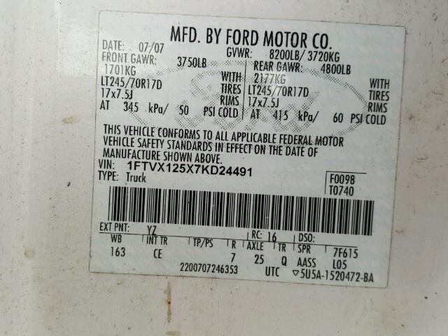 1FTVX125X7KD24491 - 2007 FORD F150 WHITE photo 10