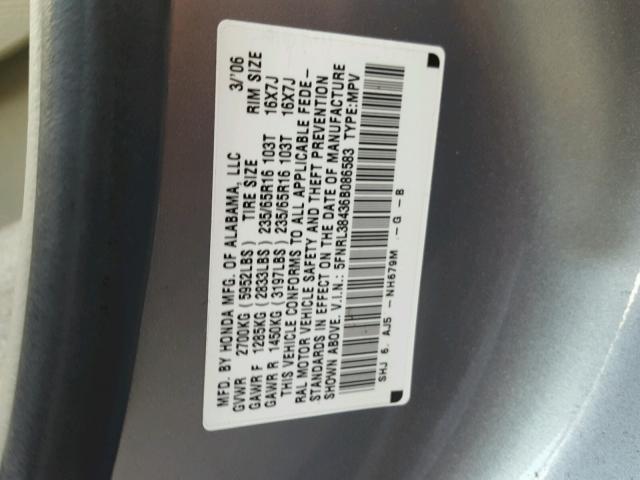 5FNRL38436B086583 - 2006 HONDA ODYSSEY EX SILVER photo 10