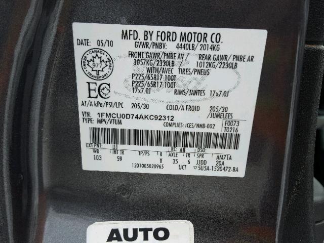 1FMCU0D74AKC92312 - 2010 FORD ESCAPE XLT GRAY photo 10