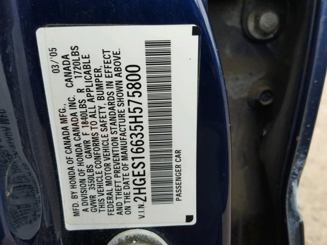 2HGES16635H575800 - 2005 HONDA CIVIC LX BLUE photo 10