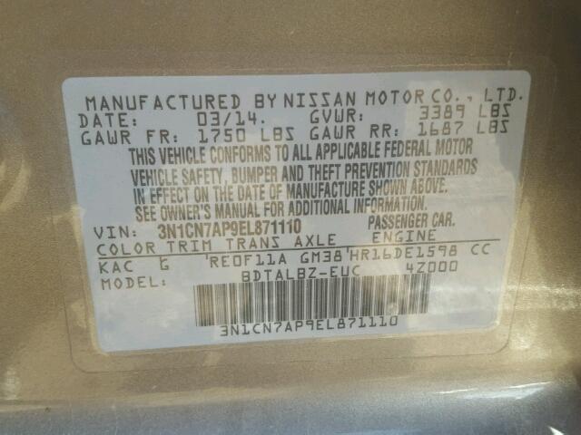 3N1CN7AP9EL871110 - 2014 NISSAN VERSA S GRAY photo 10