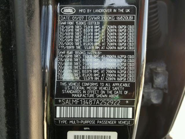 SALMF13487A252922 - 2007 LAND ROVER RANGE ROVE BLACK photo 10