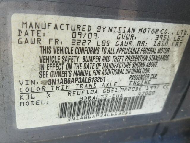 3N1AB6AP3AL613251 - 2010 NISSAN SENTRA 2.0 GRAY photo 10