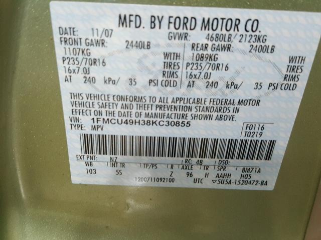 1FMCU49H38KC30855 - 2008 FORD ESCAPE HEV GREEN photo 10