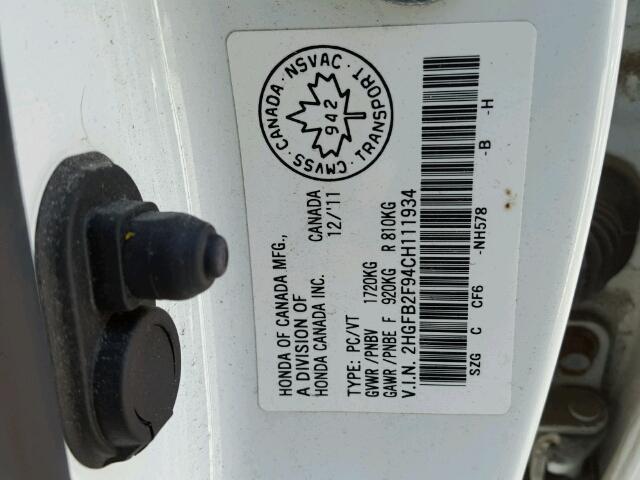 2HGFB2F94CH111934 - 2012 HONDA CIVIC EXL WHITE photo 10