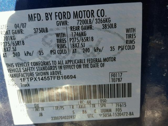 1FTPX14557FB16694 - 2007 FORD F150 BLUE photo 10